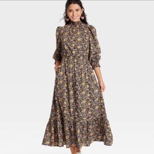 Universal Thread Women's Medium Floral Puff Sleeve Peasant Maxi Dress Mock Neck